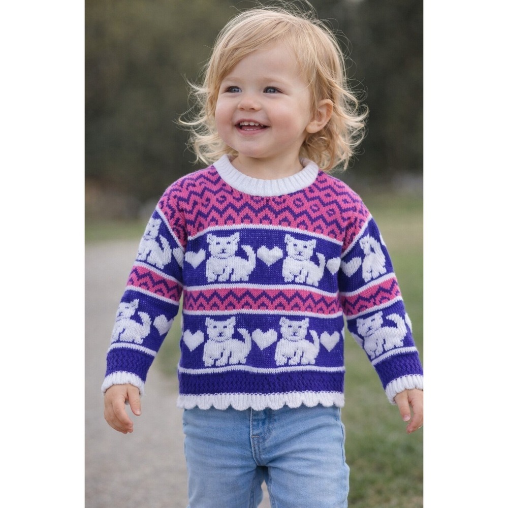 Vintage USA Pastel Fairy Kei‎ Kawaii Cat/Dog Sweater size 4T Park Bench Kids